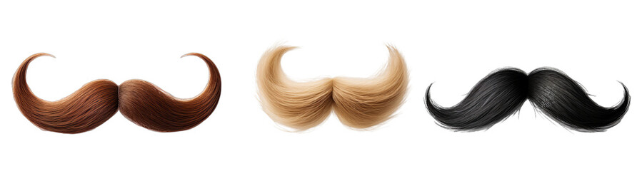 Set of mustaches, black, brown, blond on a transparent background. - obrazy, fototapety, plakaty