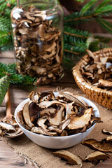 Dried mushrooms on a wooden table