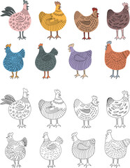 Fototapeta premium Set of hand-drawn doodle hen. Chicken illustration isolated on white. Colorful isolated domestic birds hand drawn.