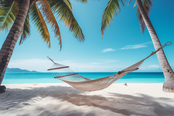 Fototapeta premium Tropical Tranquility: Beautiful Hammock Swinging on a Caribbean Beach