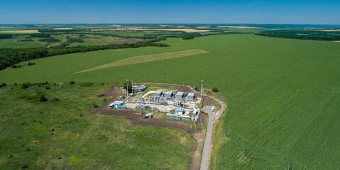 Gas production rigs. Gas production, processing and transportation. View from a drone.