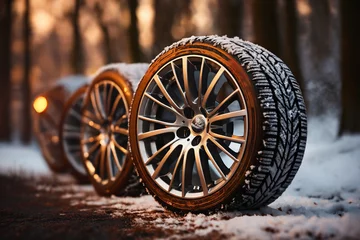 Fotobehang a car wheels on the background of a winter road and a beautiful landscape, a snow-covered forest, a concept of traffic safety on a slippery road © soleg