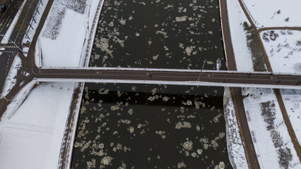 Drone photography of footbridge over a river in a city