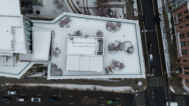 Drone Point Of View Of A Restaurant On A Rooftop During Winter