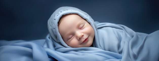 Newborn baby wrapped in cocoon sleeping sweetly. Portrait of healthy adorable Caucasian little boy wrapped in blue towel, blanket against blue background. Textiles and bedding for children - obrazy, fototapety, plakaty