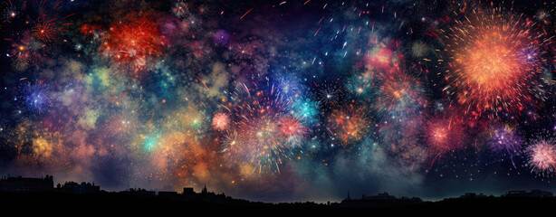 Celebration with fireworks on the dark sky. Generative AI - obrazy, fototapety, plakaty