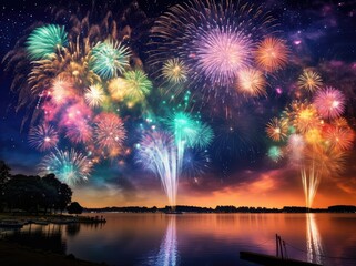Fototapeta premium Celebration with fireworks on the dark sky. Generative AI