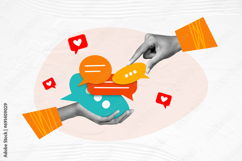 Poster horizontal creative photo collage of hand give textbox to another arm hold messages like heart conce