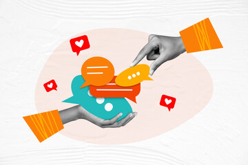Horizontal creative photo collage of hand give textbox to another arm hold messages like heart...
