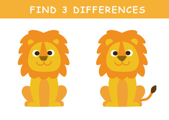Find 3 differences in illustration. Educational activity with cute lion illustration. Spot difference. Educational fun game for children.	