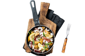 Cooking of fresh seafood mix in a skillet.  Transparent background. Isolated.