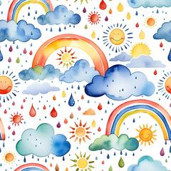 Seamless pattern. Watercolor style. Children's background. Raster illustration depicting the sun, clouds and rainbow.