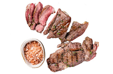 Roasted Mutton leg steaks, sliced lamb meat.  Transparent background. Isolated.