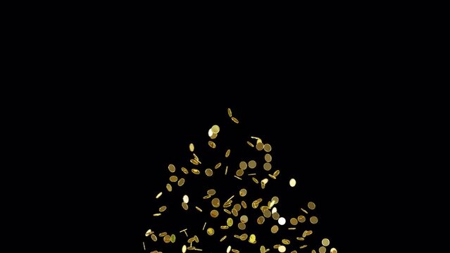 Explosion of gold coins, coins pour out after pressing a button or screen, with transparency, without reference to the country