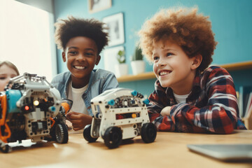 Multiethnic group of students studying in school classroom. Kids learning technology basic. Robotic lesson for children. Educational concept for multi racial children - obrazy, fototapety, plakaty