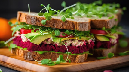 sandwich with herbs and vegetables, Vegan sandwiches with beetroot hummus. sandwich with beet, cheese, avocado and arugula - obrazy, fototapety, plakaty