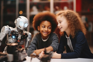 Multiethnic group of students studying in school classroom. Kids learning technology basic. Robotic lesson for children. Educational concept for multi racial children