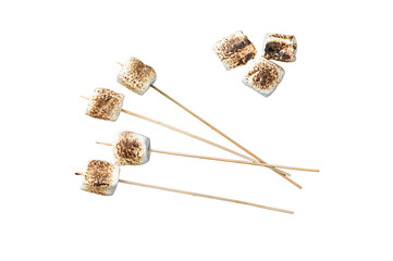 BBQ Grilled Marshmallow on the sticks. Transparent background. Isolated.