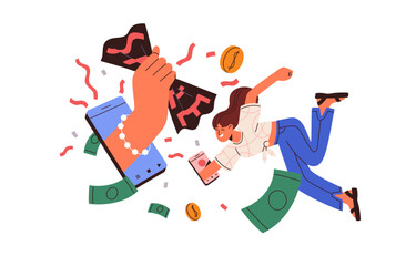 Abstract sales concept. Customer catch discounts, gifts on Black friday. Woman spend money on online shopping, purchase in internet store by smartphone. Flat isolated vector illustration on white