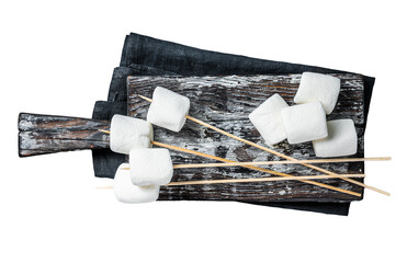 Marshmallow on the stick ready for BBQ.  Transparent background. Isolated.