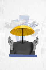Vertical collage image of black white effect person umbrella instead head crossed fingers clouds...