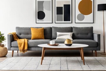 Grey sofa near white wall with blank mock up poster frame with copy space. Mid-century style home interior design of modern living room.