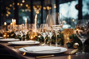 Fototapeta na wymiar Elegant christmas dinner setting. Seasonal holiday dining background. Generative AI