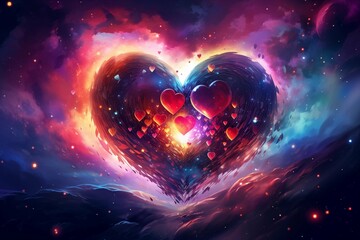 A colorful fantasy illustration with a cosmic starry heart, a romantic picture of endless love and feelings.