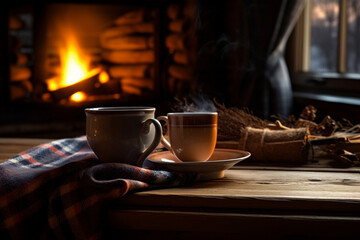 Fototapeta na wymiar Fireside Bliss: Cup of Tea, Cuddle Blanket, and Warm Ambiance on the Table