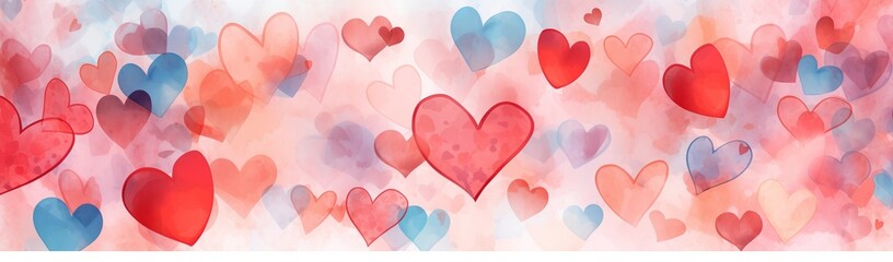 Abstract background with cute hearts painted with watercolor paints.