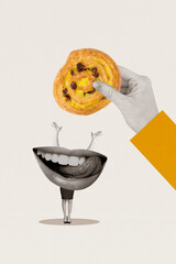 Vertical composite creative collage of absurd hungry person lick teeth delicious yummy cookie with...