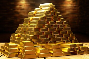 A large stack of gold bars stacked on top of each other in the shape of a pyramid.