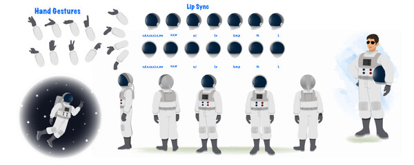 An astronaut model sheet. Space character creation set. Male astronaut turnaround sheet, hand gestures, lip sync