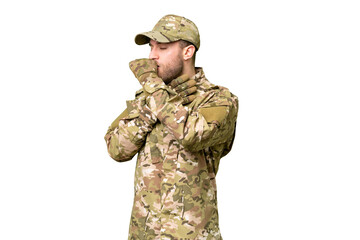 Military man over isolated chroma key background is suffering with cough and feeling bad