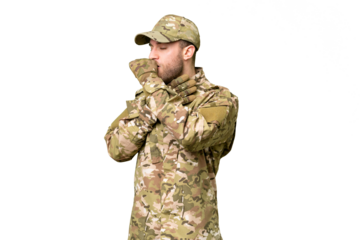 Military man over isolated chroma key background is suffering with cough and feeling bad