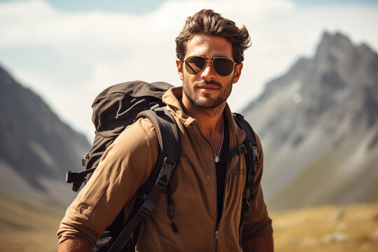 Peak Pursuits: Hiker in Mountains with Backpack and Stylish Sunglasses