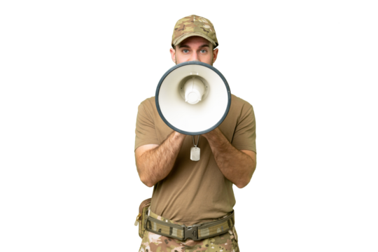 Military with dog tag over isolated chroma key background shouting through a megaphone