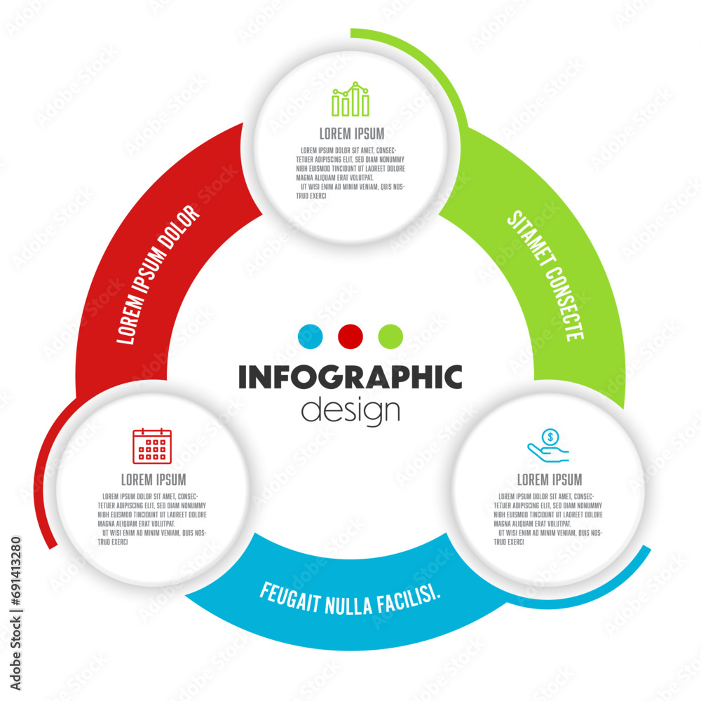 Aufkleber vector round pie chart divided into 3 colorful parts. concept startup development strategy. simple f