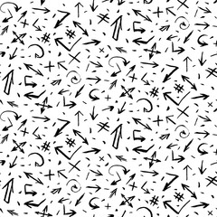 Grunge arrows and symbols seamless pattern with hand drawn Grunge Arrows. Ornament for printing on fabric, cover and packaging. Simple black and white vector ornament isolated on white background