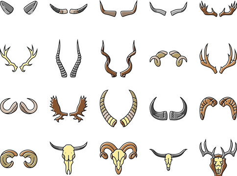horn animal wildlife nature icons set vector. horned head, cow mammal, bull deer, antelope bone, black trophy, ram horn animal wildlife nature color line illustrations