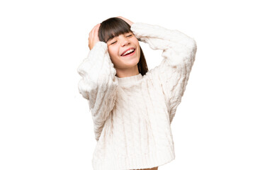 Little caucasian girl over isolated background laughing