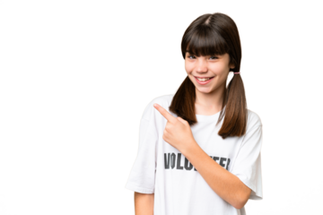 Little volunteer girl over isolated background pointing to the side to present a product