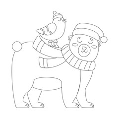 Set of Christmas bear with a red hat and scarf, birds in red hat.