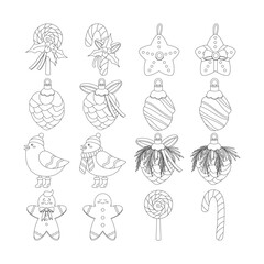 Set of Christmas toy, birds, lollipop, stick, pine cone, star, ribbons and bow.