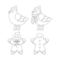 Set of Christmas gingerbread and bird in a cap, scarf, and boots.