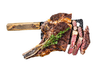 Dry aged grilled Tomahawk or cowboy beef meat steak on a meat cleaver Transparent background....
