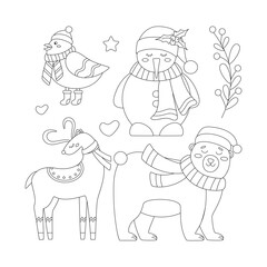 Set of Christmas deer, bear, bird, snowman in a scarf and hat with a sprig of mistletoe and berries.