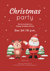 Christmas party invitation with cute 3D baby deer and Santa Claus waving his hand. New Year's vertical banner template with characters in plastic style. Winter vector illustration, snowy trees render.