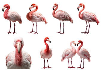 Set of Flamingo birds isolated and couple cutout on transparent background. advertisement. presentation. banner, poster, card. sticker.