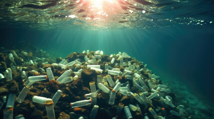 Fototapeta na wymiar Plastic bottles and rubbish pollution in underwater ocean, underwater scene with rays sun